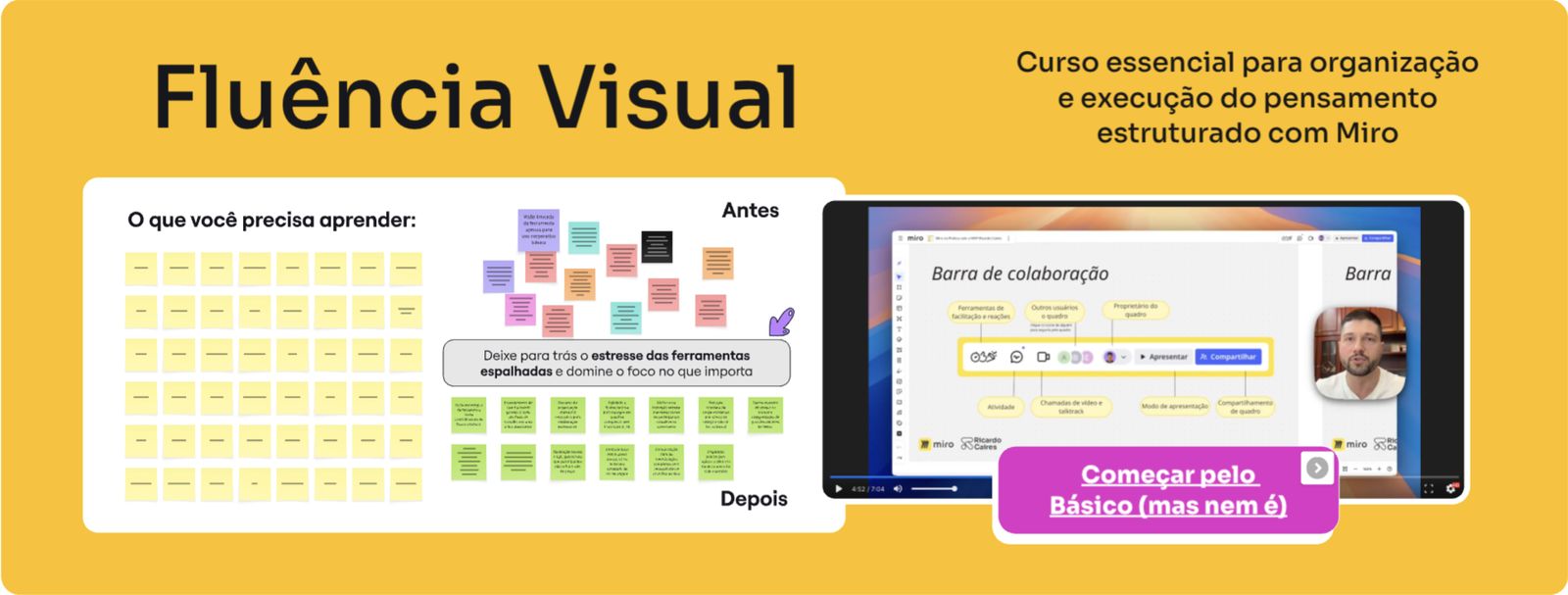 Board do curso Fluência Visual, com quadro de antes e depois e vídeo da aula