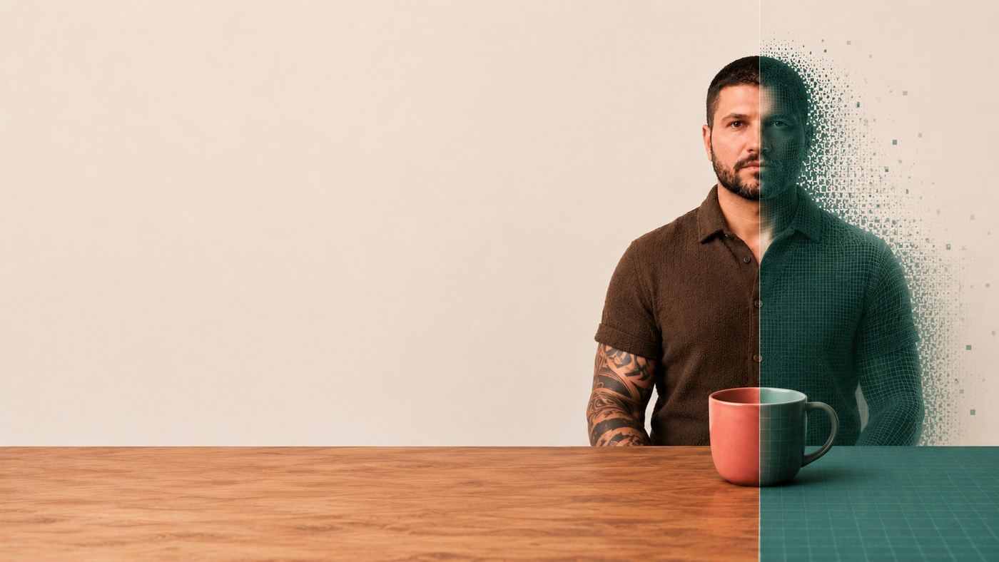 Ricardo Caires, com metade do retrato em fotografia e a outra metade se desfazendo em pixels