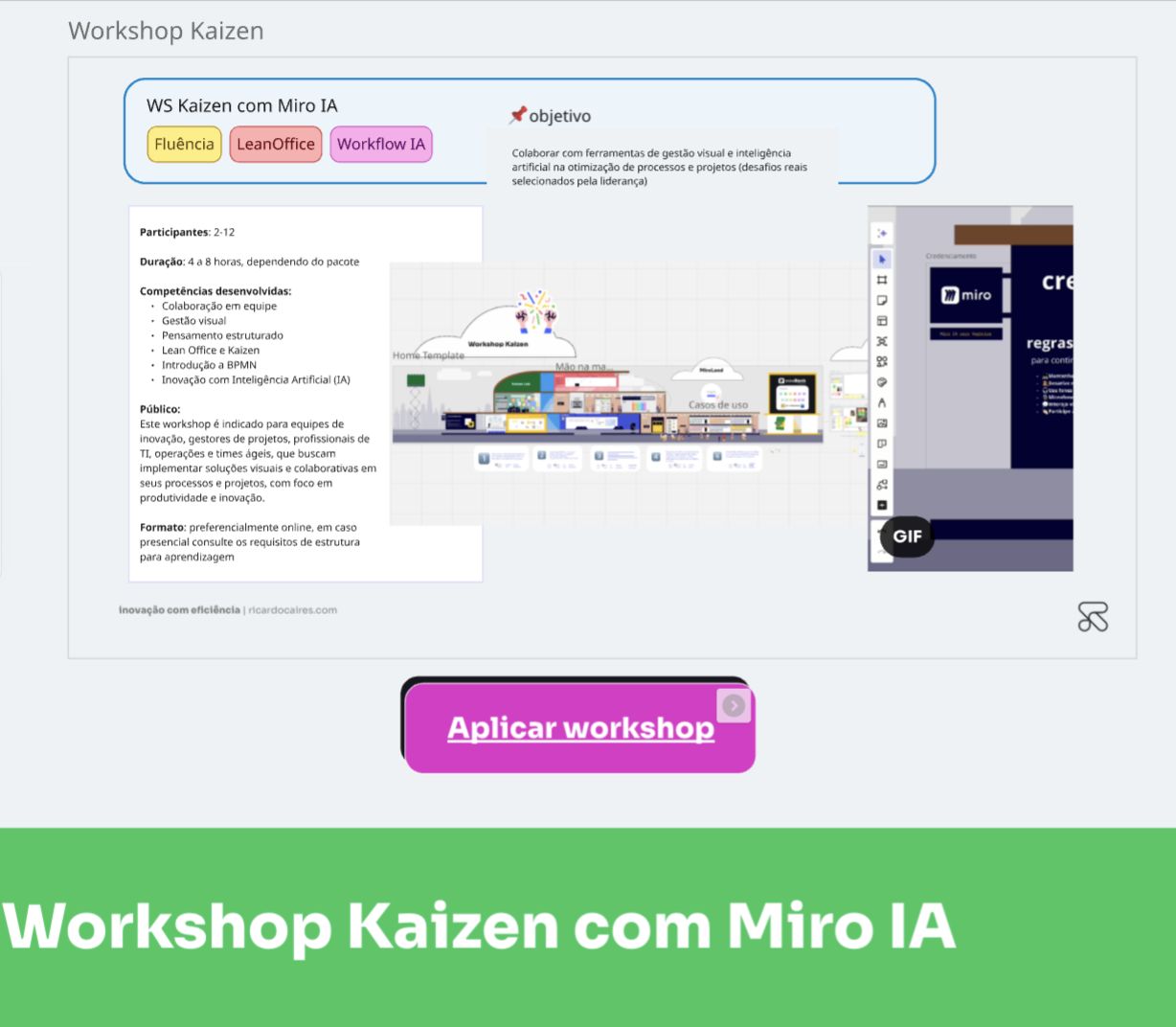 Board do Workshop Kaizen com Miro IA, com objetivo, público e cenário do workshop